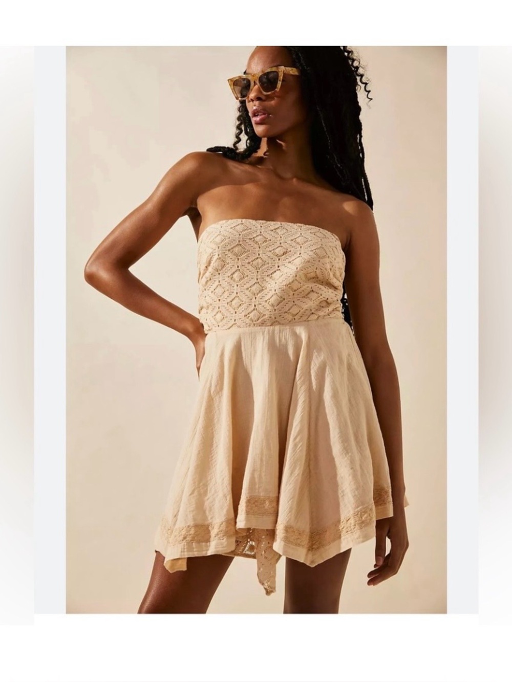 NWT FREE People Renata Beige Cotton Lace Mini tie dress women size Medium